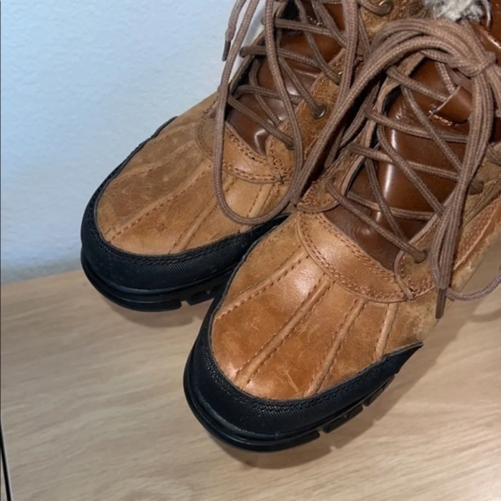 Ralph Lauren‎ Quinta Tan Brown Leather Shearling Mid Calf Winter Boots